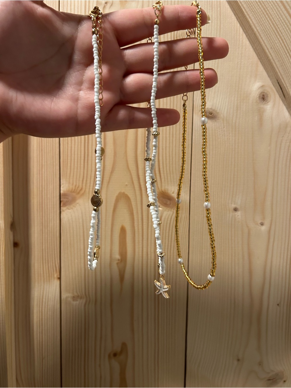 Gold and White Beaded Layered Necklace Set